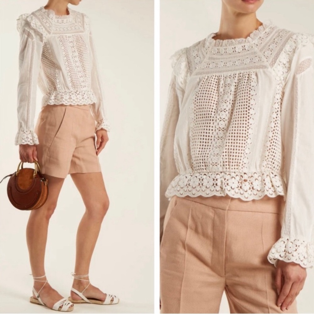 Zimmermann Lace Eyelet Ruffle Long Sleeve Sheer Ivory Blouse Laelia Crochet 0